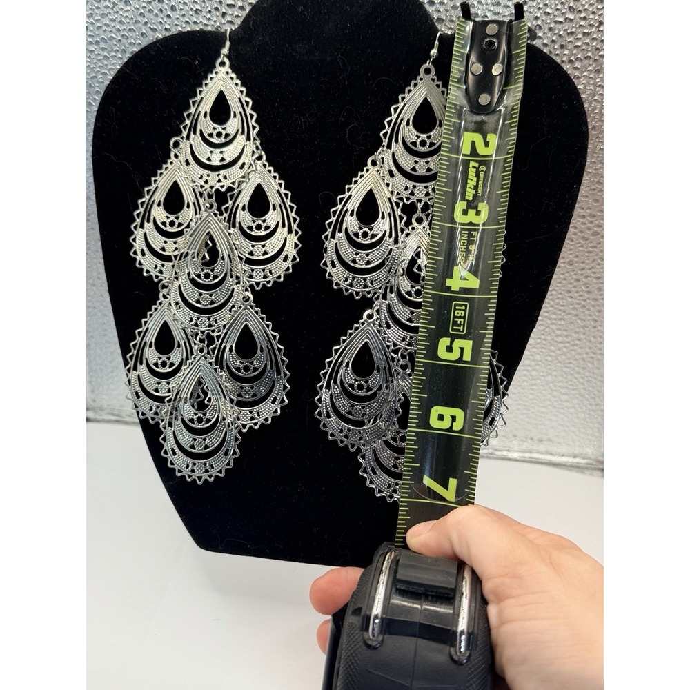 Chandelier Earrings Silver Tone Boho Dangle Large 7" cascading filigree teardrop - Picture 3 of 4